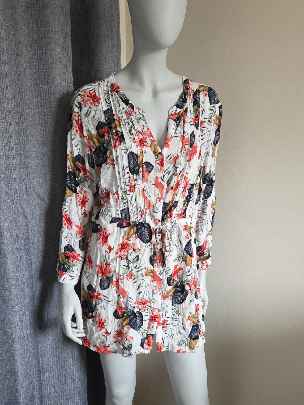 Hilary Radley White Floral Tie-Waist V-Neck Tunic